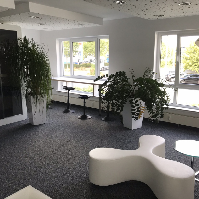 Einladende Bürolounge mit einer Mischung aus innovativen und traditionellen Büromöbeln, großen Fenstern und dekorativen Pflanzen, die das Ambiente aufwerten.