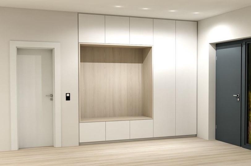 Ein geräumiger, heller Raum mit einem großen, maßgefertigten Einbauschrank neben einer weißen Tür und einer dunklen Eingangstür.