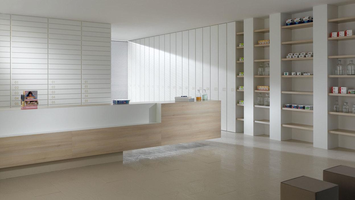 Impressionen einer Apothekeneinrichtung Impressionen einer Apothekeneinrichtung mit hellen Holzmöbeln und geräumigem Regalsystem, sowie aufgeräumten Empfang.