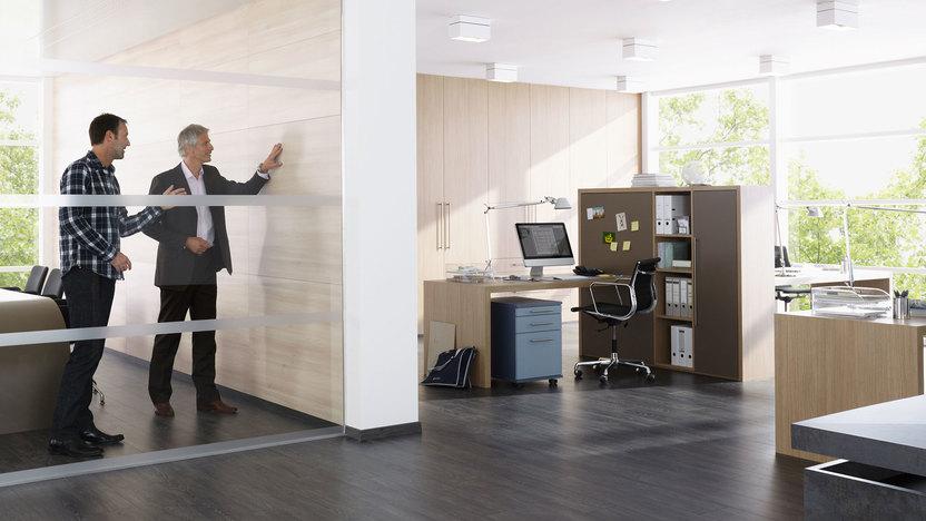 Impression eines Büros mit abgeschlossenem Raum mit Glaswand und offener Bürogestaltung.