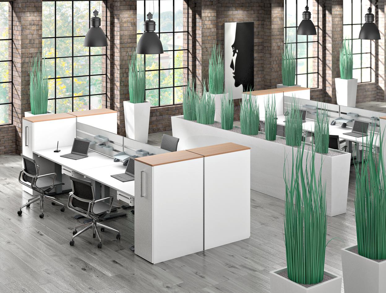 Großraumbürogestaltung Gestaltung eines Großraumbüros mit weiß lackierten Doppelschreibtischen und niedrigen Raumtrennern bepflanzt, Industrieräume